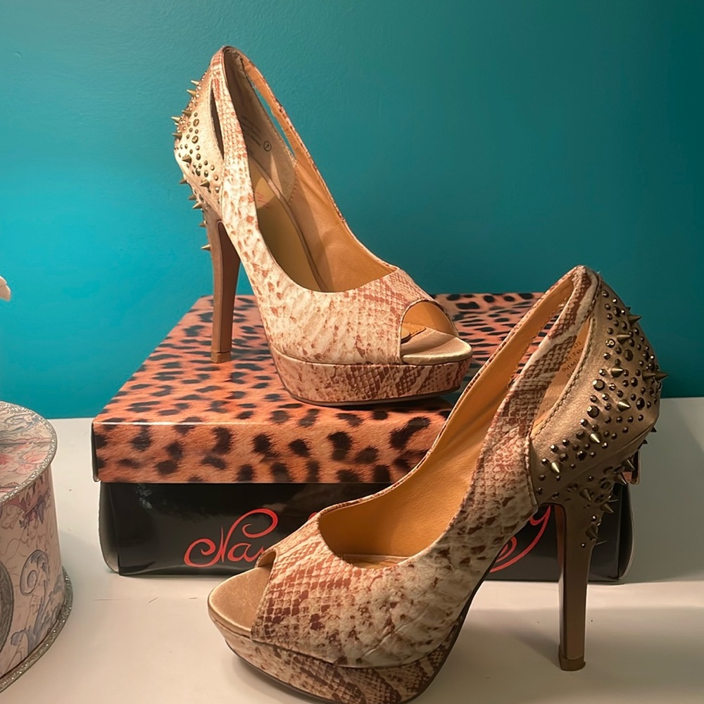 Naughty Monkey's Multi-Color Glam Dandy Spiked Heels in Beige Snake-print.